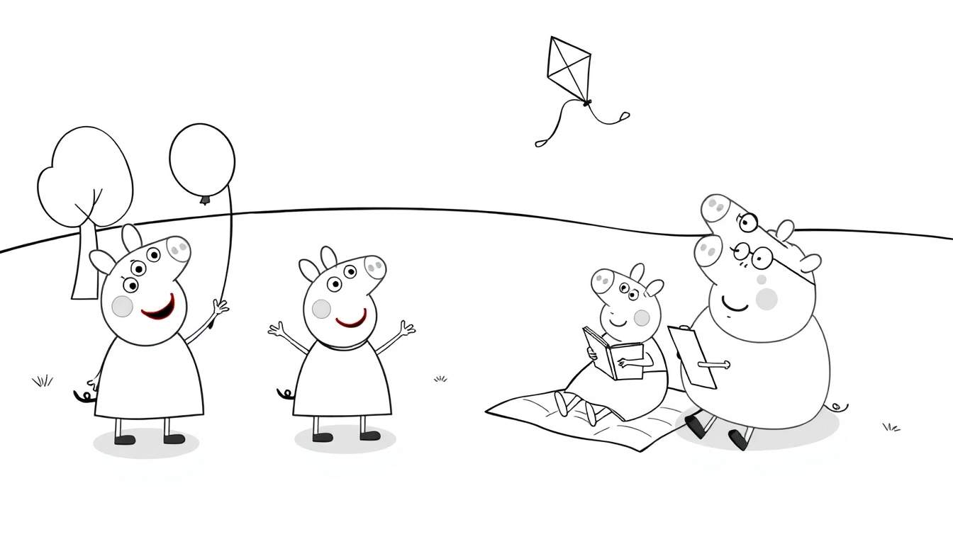 A black and white Peppa Pig color panel showing Peppa holding a balloon, George with arms up, and Mummy Pig reading with Daddy Pig working at a picnic.
