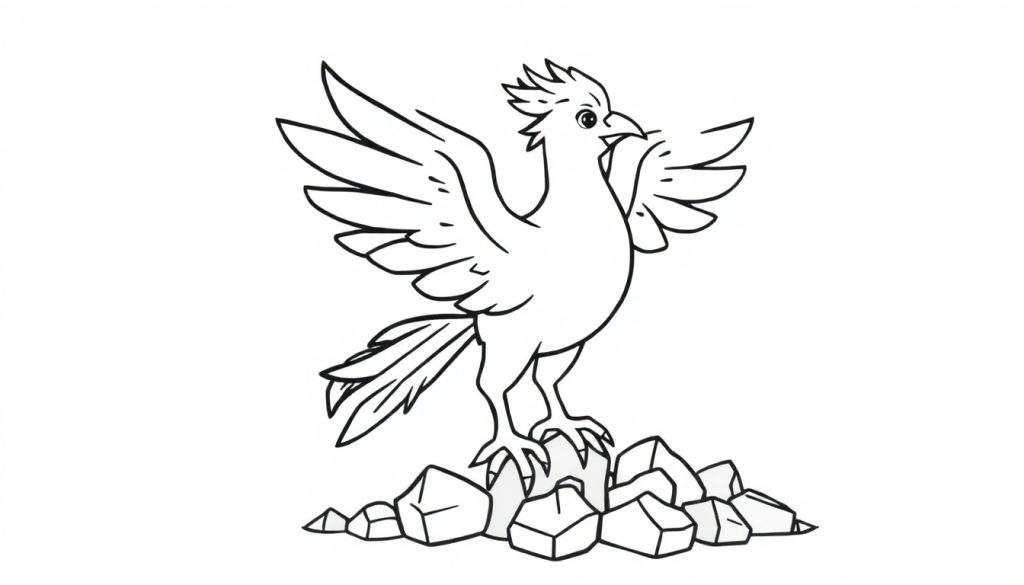 A simple cartoon drawing of a phoenix perched on rocks, ready for a color panel.