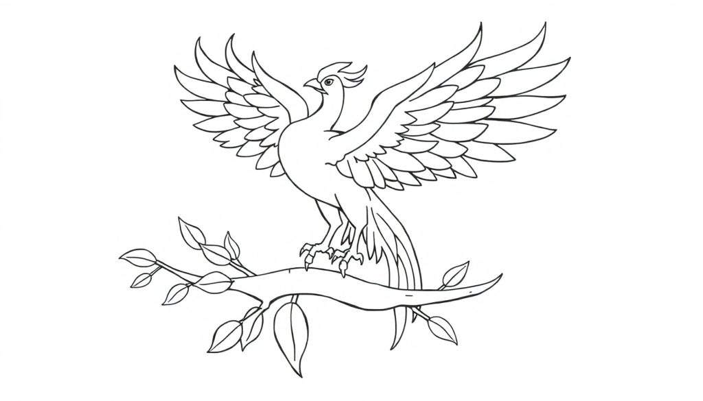 A black and white line drawing of a phoenix on a branch, ready for a color panel.