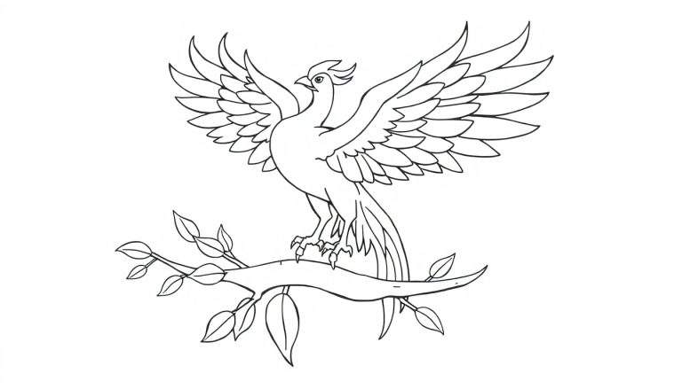 A black and white line drawing of a phoenix on a branch, ready for a color panel.