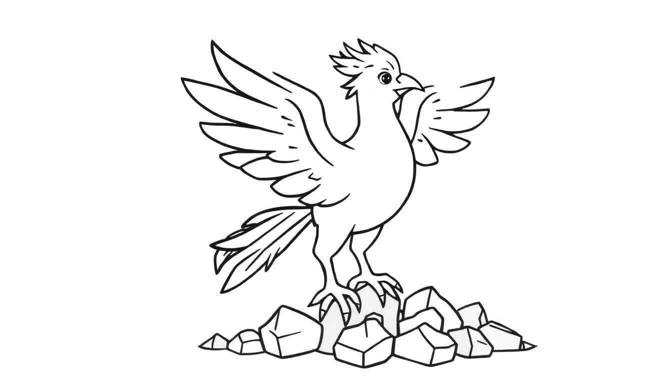 A simple cartoon drawing of a phoenix perched on rocks, ready for a color panel.