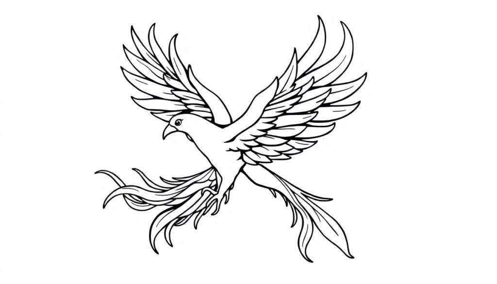 A black and white drawing of a phoenix with outstretched wings for a color panel.