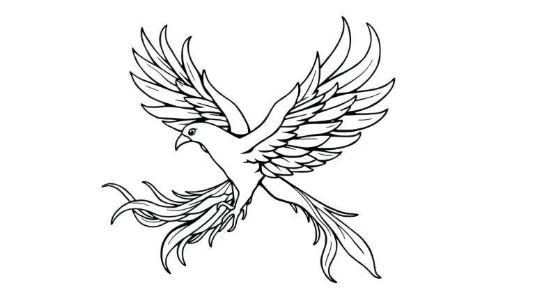 A black and white drawing of a phoenix with outstretched wings for a color panel.