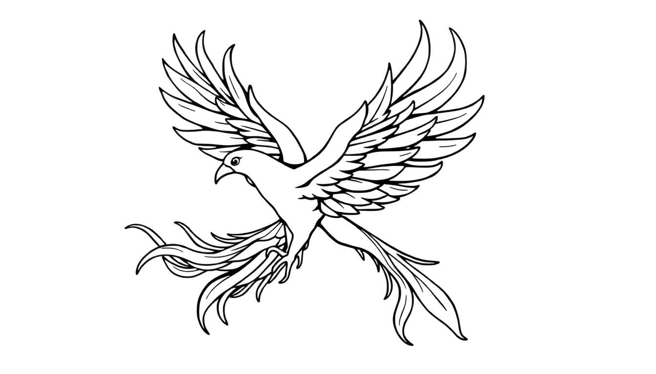 A black and white drawing of a phoenix with outstretched wings for a color panel.