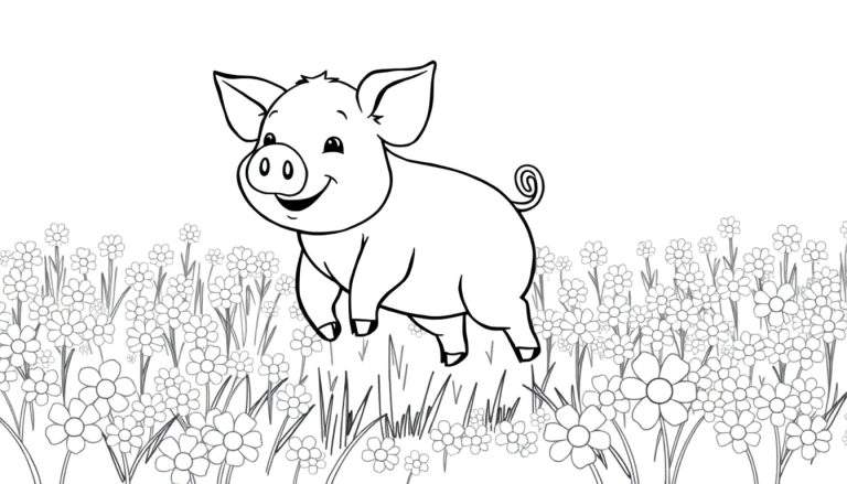A happy piglet in a daisy field, a black and white color panel.