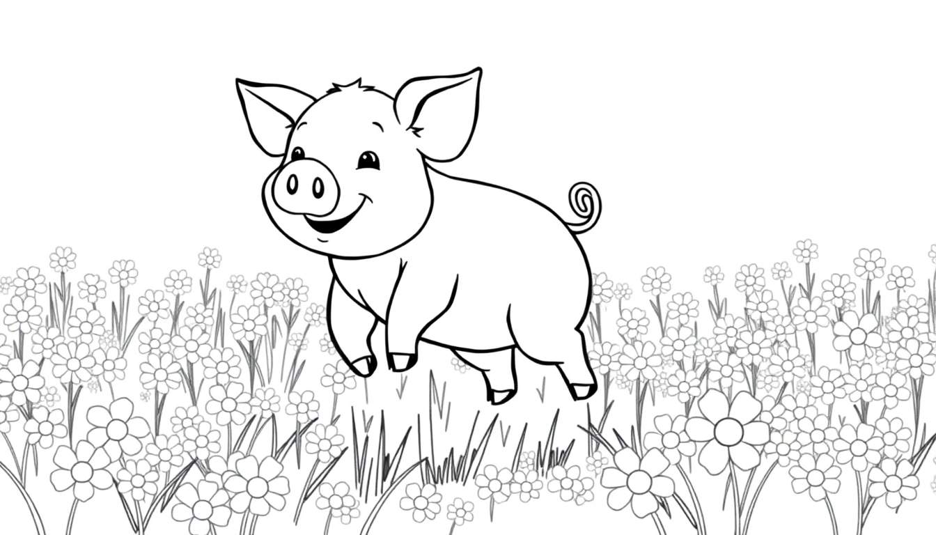A happy piglet in a daisy field, a black and white color panel.
