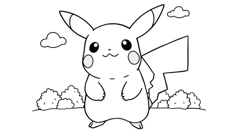 A black and white color panel drawing of Pikachu smiling in a field.