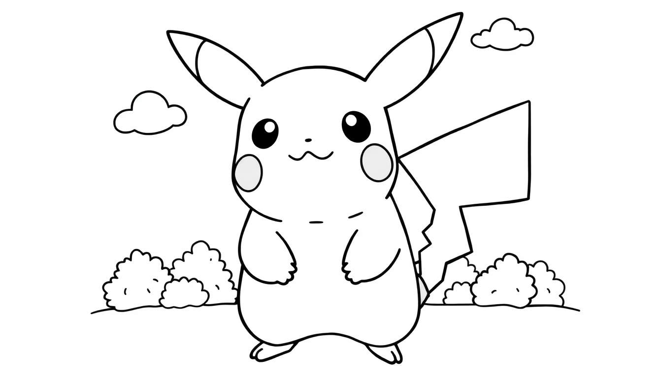 A black and white color panel drawing of Pikachu smiling in a field.