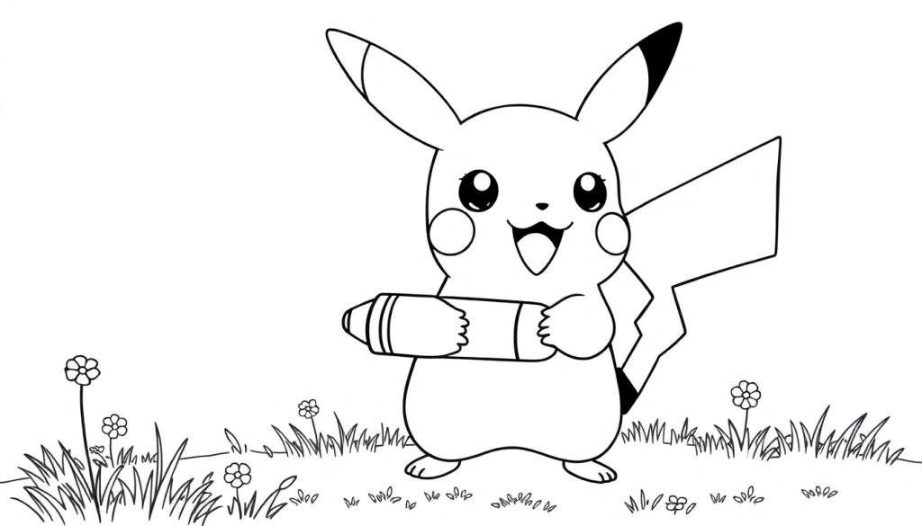 Pikachu with a marker, ready to color. Black and white color panel.