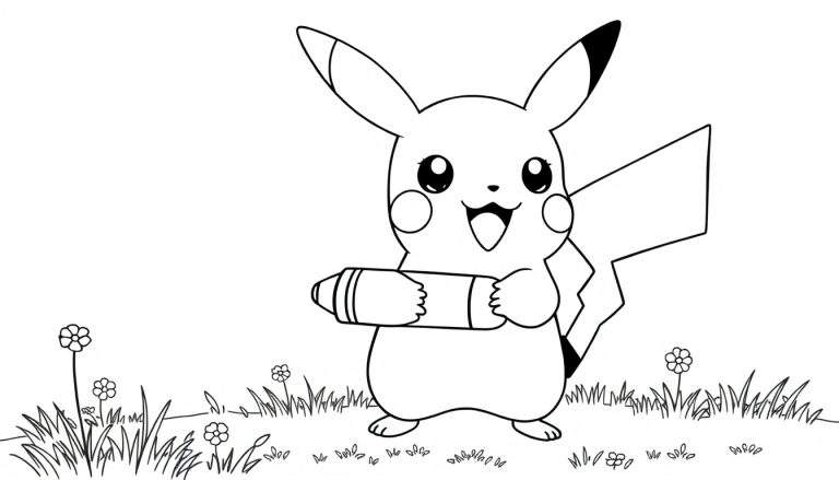 Pikachu with a marker, ready to color. Black and white color panel.