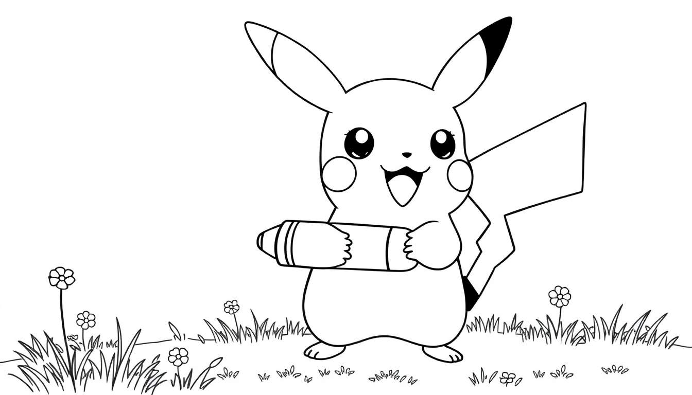 Pikachu with a marker, ready to color. Black and white color panel.