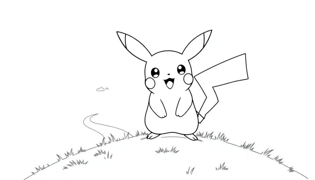 A black and white color panel of Pikachu ready for adventure on a grassy hill.