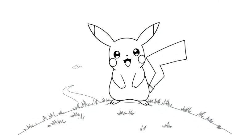A black and white color panel of Pikachu ready for adventure on a grassy hill.