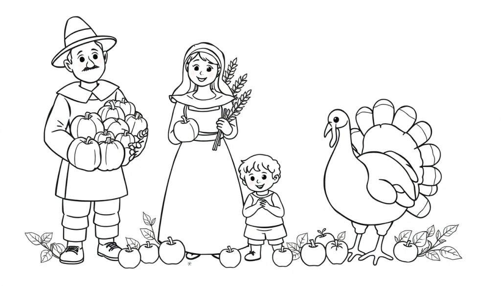 A black and white pilgrim family with a turkey and harvest items, ready for the color panel.