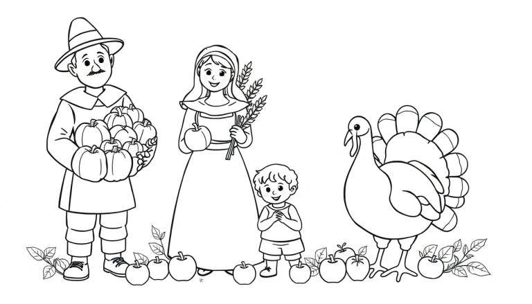 A black and white pilgrim family with a turkey and harvest items, ready for the color panel.