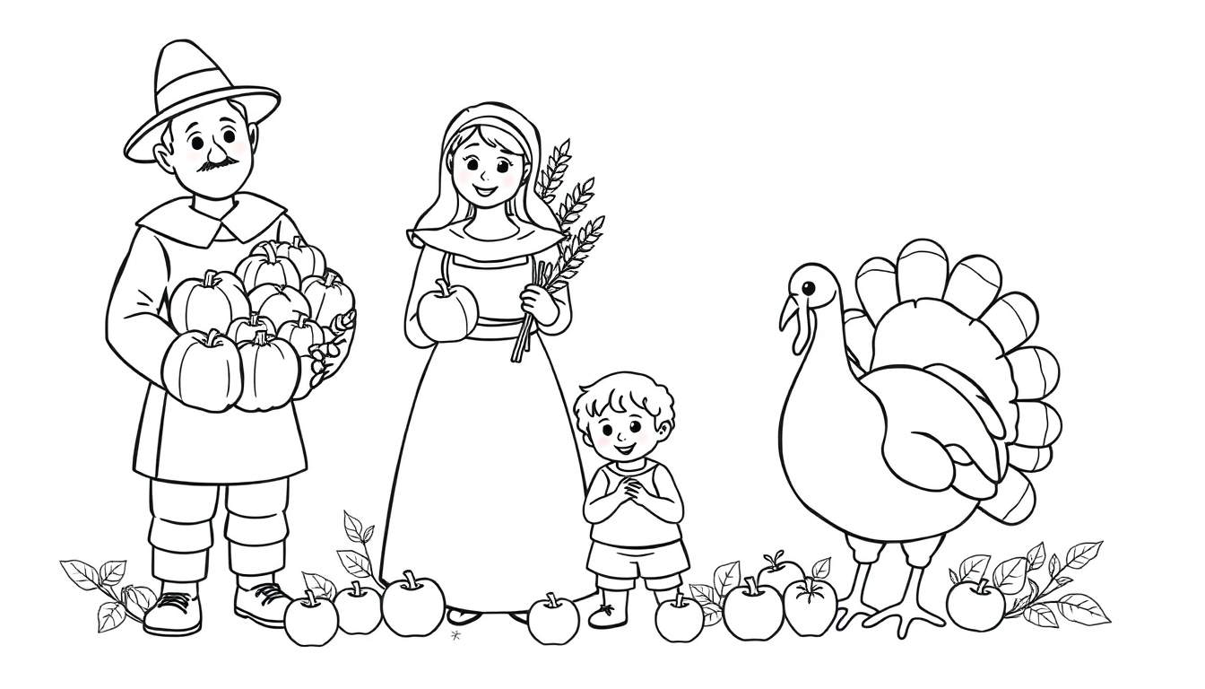 A black and white pilgrim family with a turkey and harvest items, ready for the color panel.