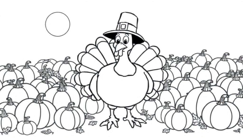 A friendly cartoon turkey in a Pilgrim hat on a color panel.
