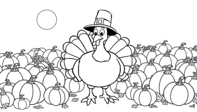 A friendly cartoon turkey in a Pilgrim hat on a color panel.