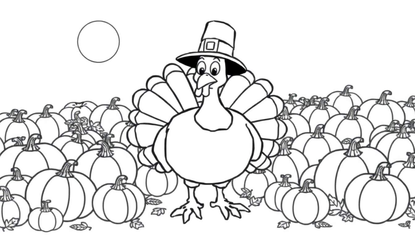 A friendly cartoon turkey in a Pilgrim hat on a color panel.