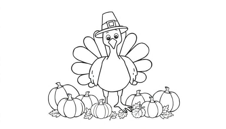 A black and white coloring page of a turkey in a pilgrim hat with pumpkins and leaves, ready for coloring.