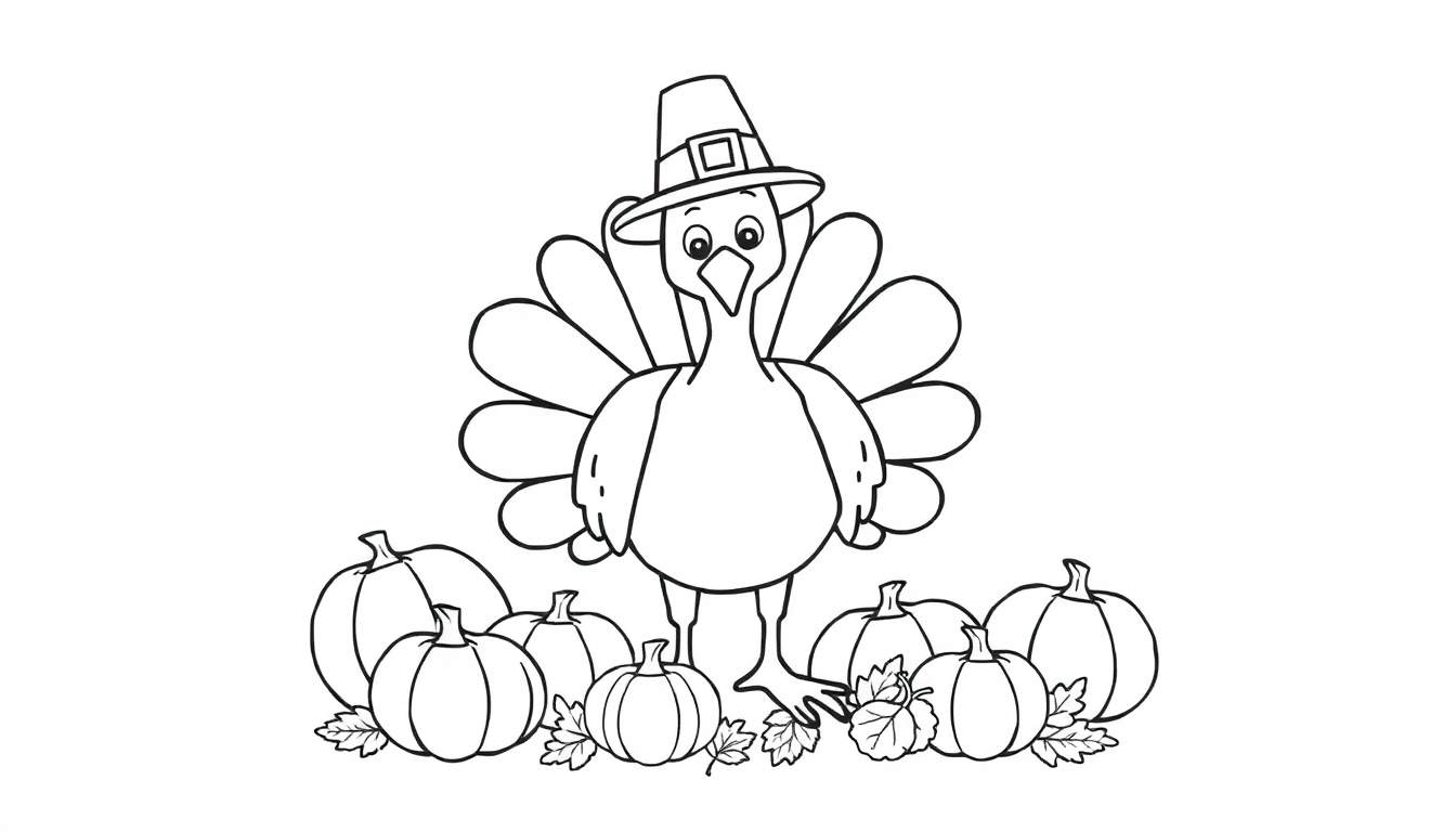 A black and white coloring page of a turkey in a pilgrim hat with pumpkins and leaves, ready for coloring.
