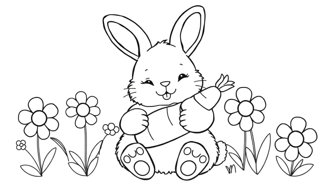 A black and white line drawing of a happy bunny sticking its tongue out while holding a carrot, surrounded by flowers, a fun color panel for kids.