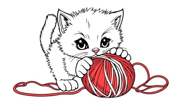 A cute cartoon kitten playing with a ball of red yarn, ready for the color panel.