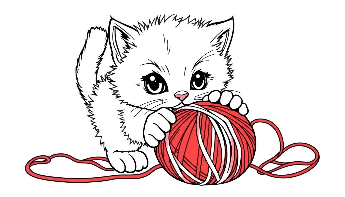 A cute cartoon kitten playing with a ball of red yarn, ready for the color panel.