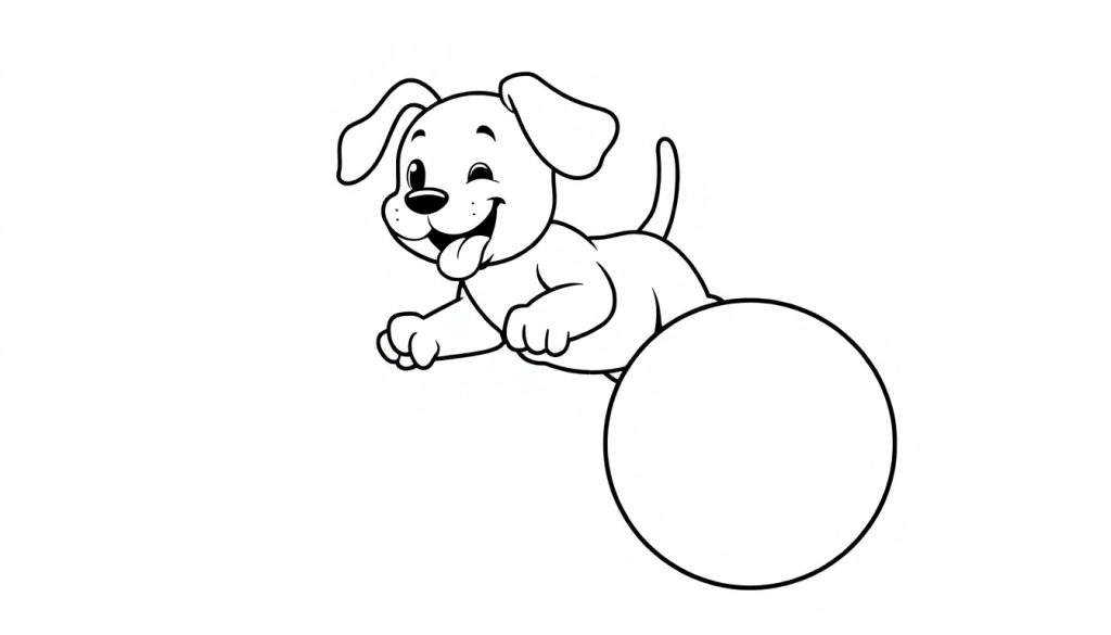 A black and white cartoon dog leaping over a circle, ready for the color panel.
