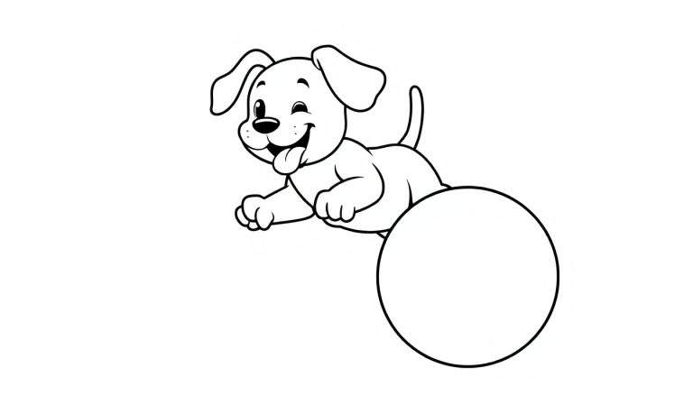 A black and white cartoon dog leaping over a circle, ready for the color panel.