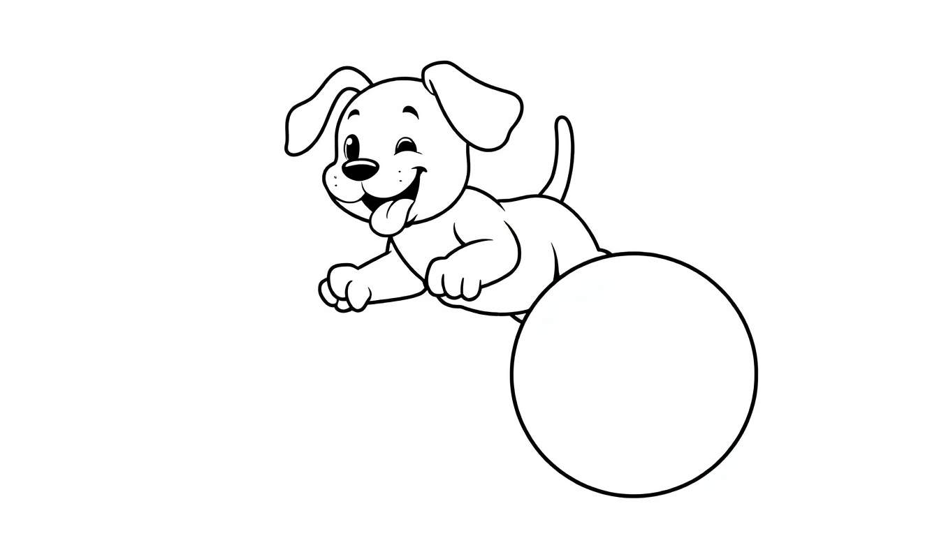 A black and white cartoon dog leaping over a circle, ready for the color panel.