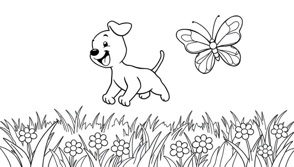 A black and white coloring panel of a happy dog with its tongue out, looking at a butterfly in a grassy field with flowers.