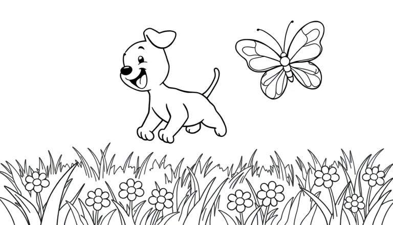 A black and white coloring panel of a happy dog with its tongue out, looking at a butterfly in a grassy field with flowers.