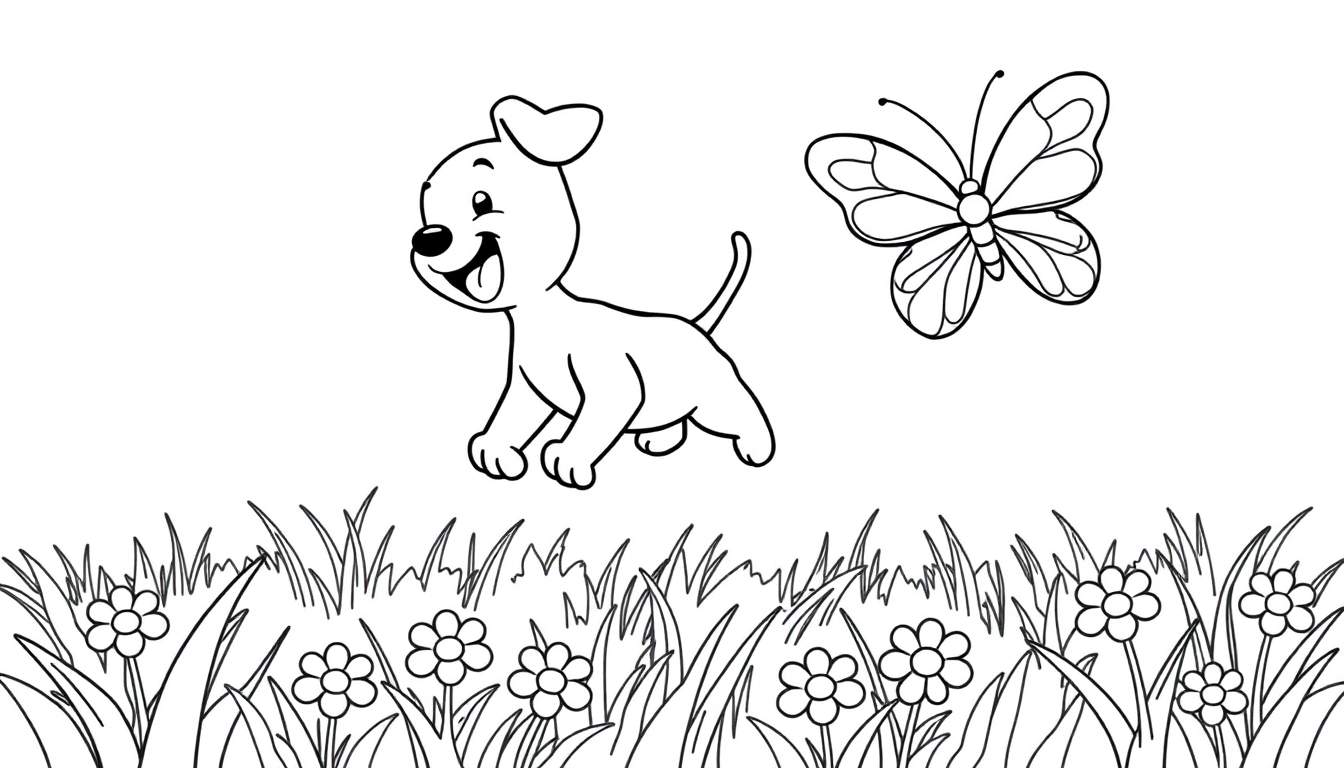 A black and white coloring panel of a happy dog with its tongue out, looking at a butterfly in a grassy field with flowers.
