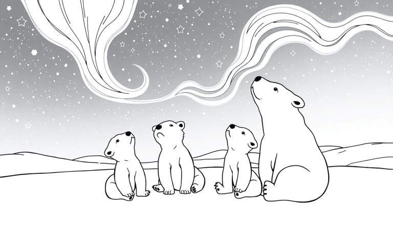 A cute polar bear family looking at the aurora in a black and white color panel.
