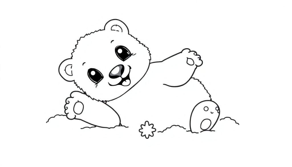 A cute polar bear cub in a black and white color panel, resting on the ground with a star.