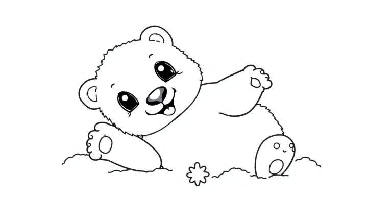 A cute polar bear cub in a black and white color panel, resting on the ground with a star.