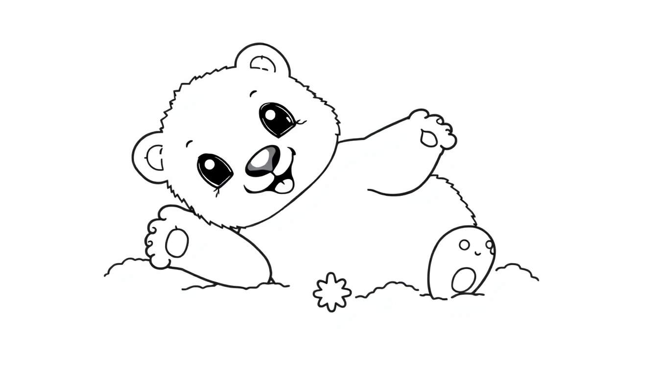 A cute polar bear cub in a black and white color panel, resting on the ground with a star.