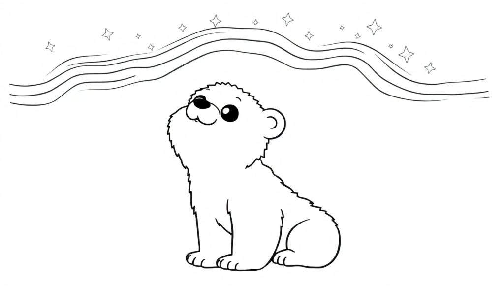 A black and white color panel featuring a cute polar bear cub looking up at the aurora borealis, also in black and white.