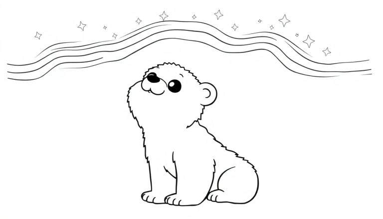 A black and white color panel featuring a cute polar bear cub looking up at the aurora borealis, also in black and white.