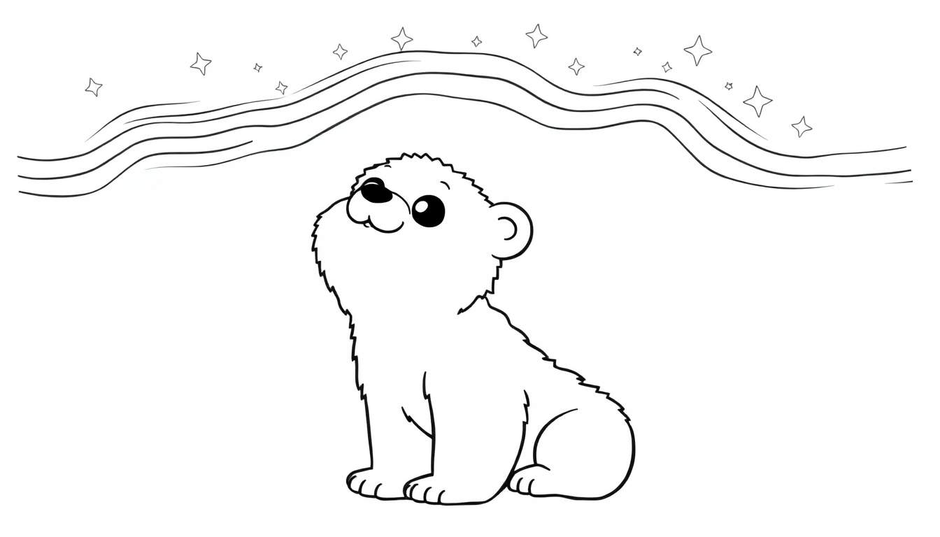 A black and white color panel featuring a cute polar bear cub looking up at the aurora borealis, also in black and white.