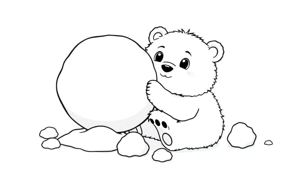 A cute black and white illustration of a fluffy polar bear cub hugging a giant snowball, on a color panel.