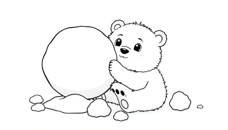 A cute black and white illustration of a fluffy polar bear cub hugging a giant snowball, on a color panel.