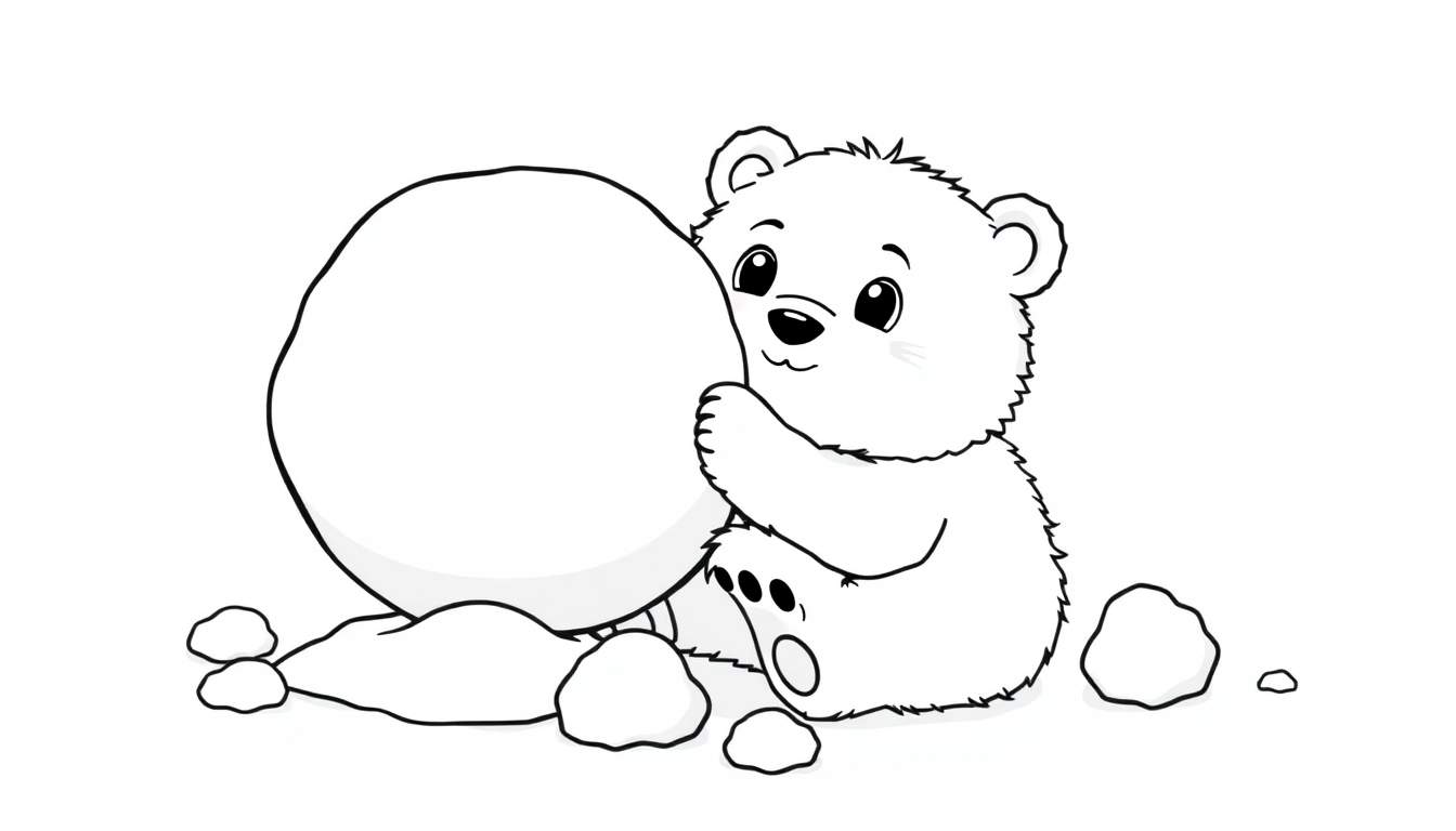 A cute black and white illustration of a fluffy polar bear cub hugging a giant snowball, on a color panel.