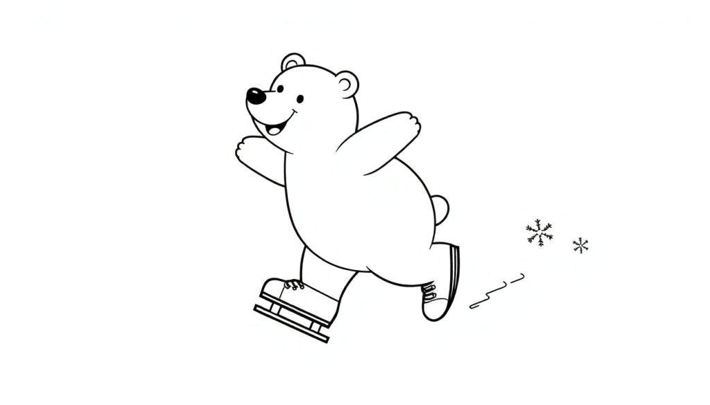 A cute cartoon polar bear ice skating, a black and white color panel.