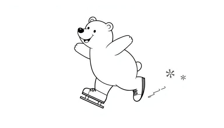A cute cartoon polar bear ice skating, a black and white color panel.