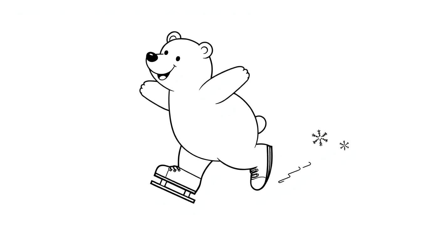 A cute cartoon polar bear ice skating, a black and white color panel.
