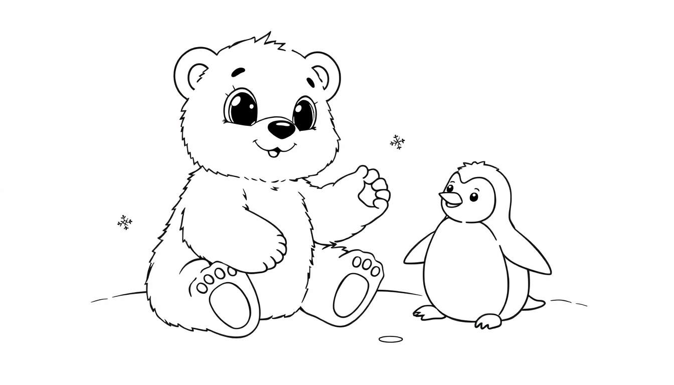 A cute polar bear cub and a penguin playing in the snow, a fun color panel.