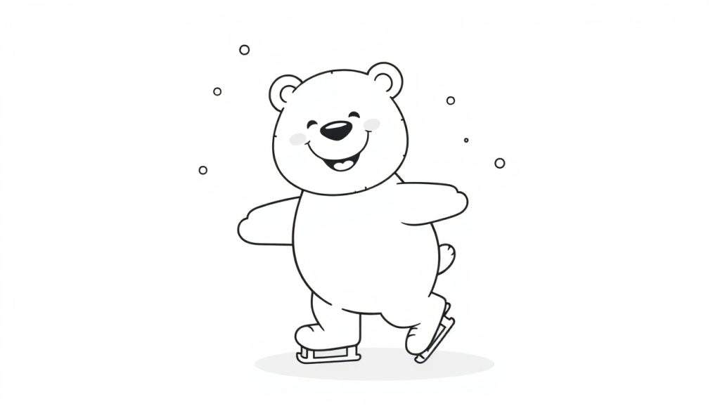 A cute cartoon polar bear on a color panel ice skating with snowflakes.