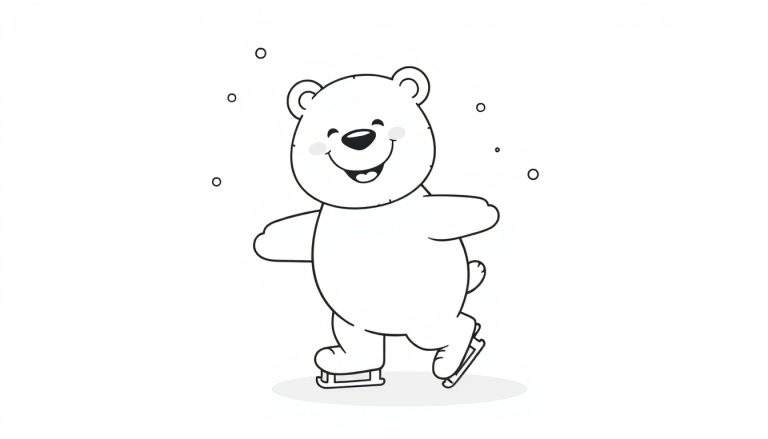 A cute cartoon polar bear on a color panel ice skating with snowflakes.